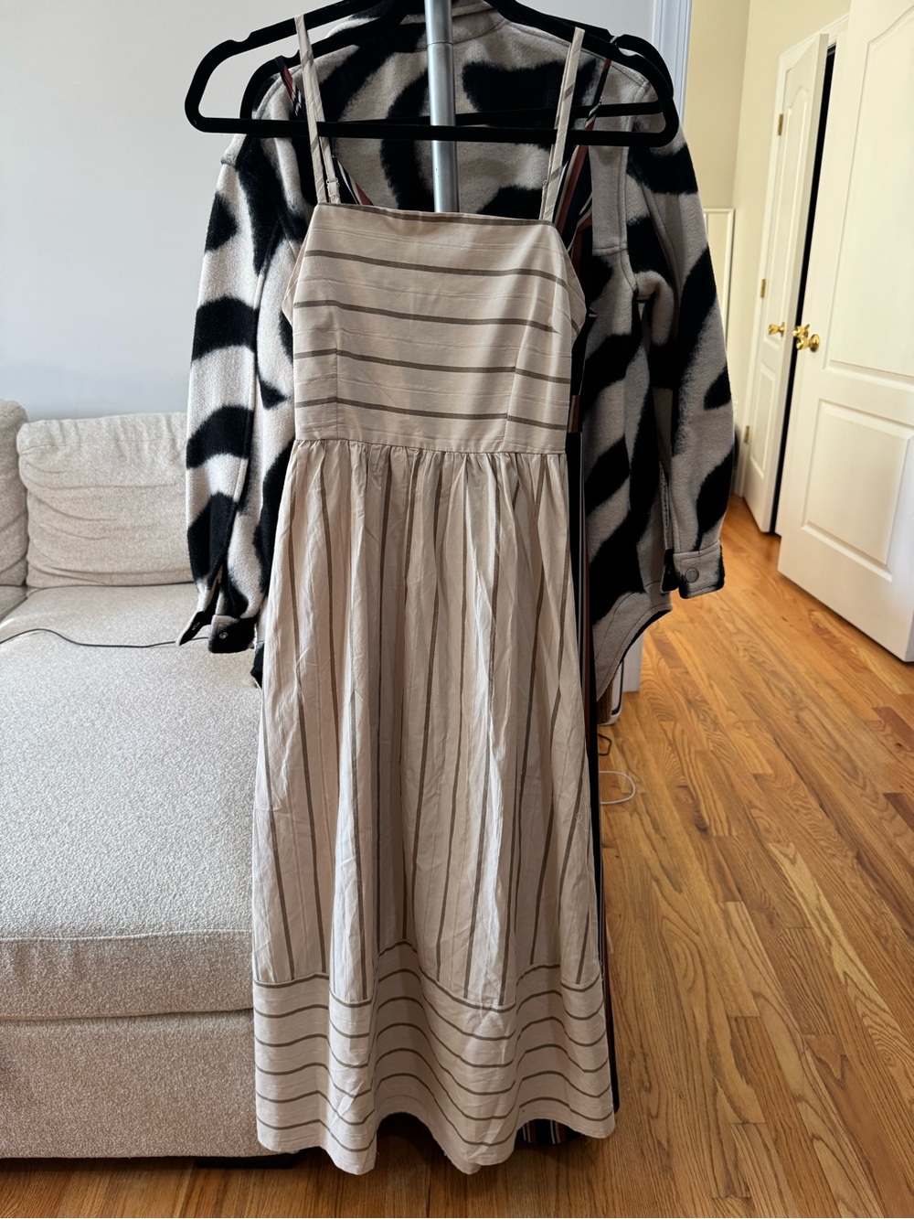 Beige Striped Spaghetti-Strap Maxi Dress